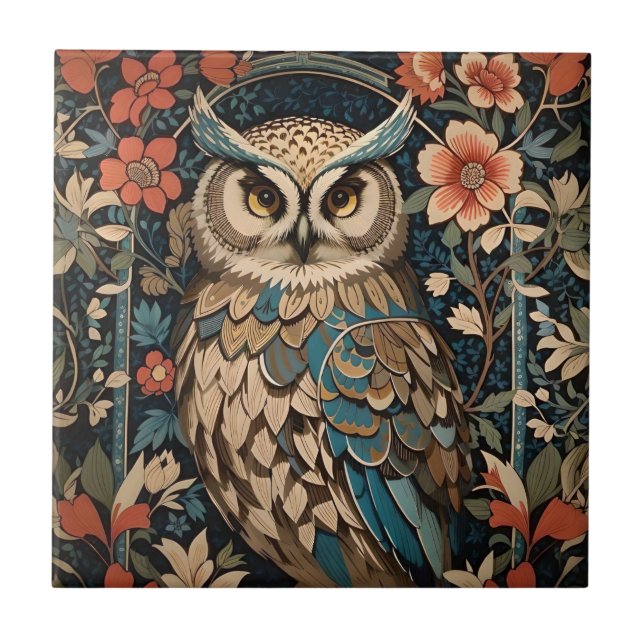 Wunderschöne braune Eule William Morris inspiriert Fliese (Vorderseite)