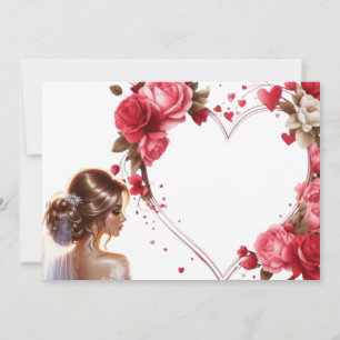 Wunderschöne Braut mit rosa Rosen Herz Einladung