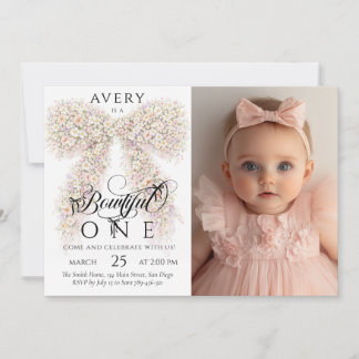 Wunderschöne Eins Blumen-Schleife Baby Mädchen 1.  Einladung