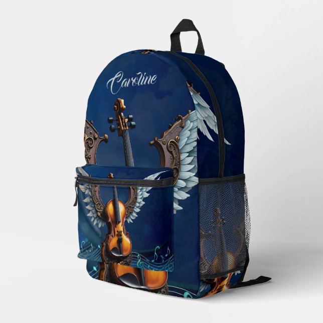 Wunderschöne, elegante Geige mit Flügeln. Bedruckter Rucksack (Rückseitige Ecke Rechts)