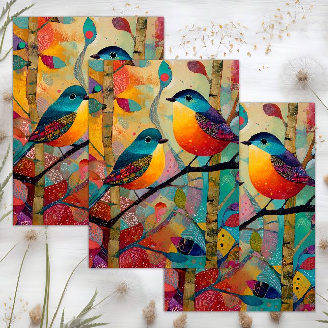 WUNDERSCHÖNE FARBENDECKUNG SEIDENPAPIER (WHIMSICAL COLORFUL BIRD DECOUPAGE TISSUE PAPER)