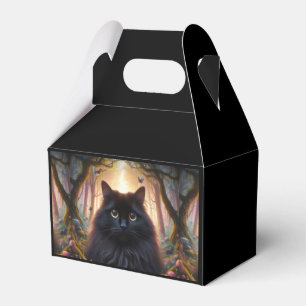 Wunderschöne flauschige schwarze Katze mit goldene Geschenkschachtel