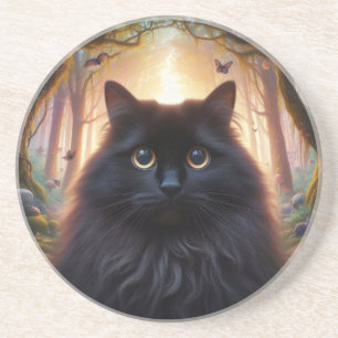 Wunderschöne flauschige schwarze Katze mit goldene Getränkeuntersetzer