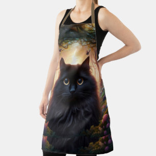 Wunderschöne flauschige schwarze Katze mit goldene Schürze