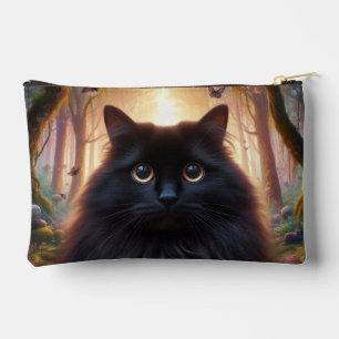 Wunderschöne flauschige schwarze Katze mit goldene Zubehörtasche