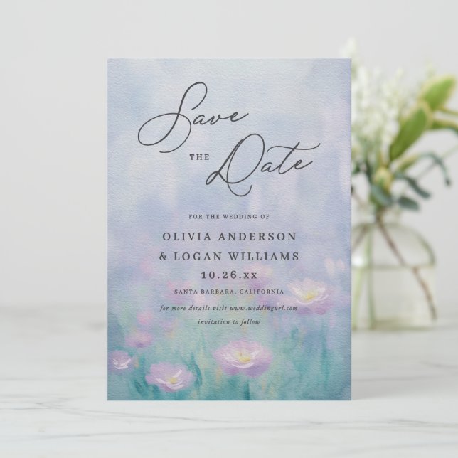 Wunderschöne Frühlings-Aquarell-Skript-Hochzeit Save The Date (Stehend Vorderseite)