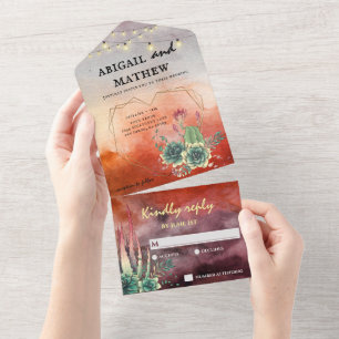 Wunderschöne geometrische Hochzeit mit Sukkulenten All In One Einladung