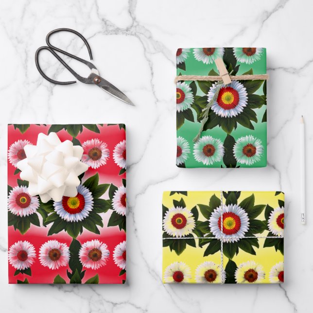 Wunderschöne Gerbera Blume rot, grün, gelb Geschenkpapier Set (Vorderseite)