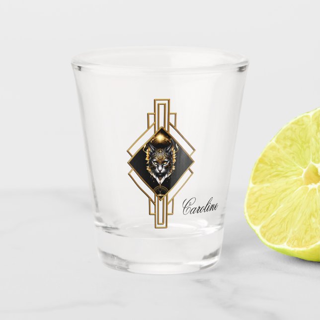Wunderschöne goldene schwarze Katze. Schnapsglas (Vorderseite)