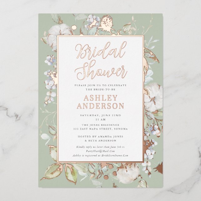 Wunderschöne grüne botanische Brautparty Rose Gold Folieneinladung (Vorderseite)