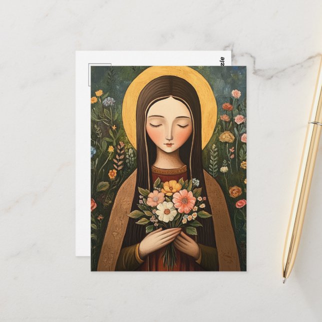 Wunderschöne Heilige Frau mit Blumen Postkarte (Vorderseite/Rückseite Beispiel)