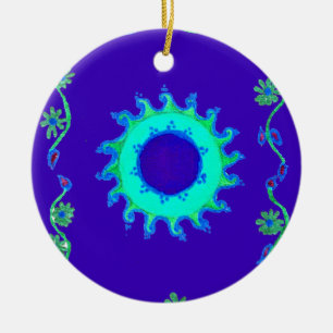 Wunderschöne irisierende blaue Blumen-Kunst-Ölmale Keramikornament