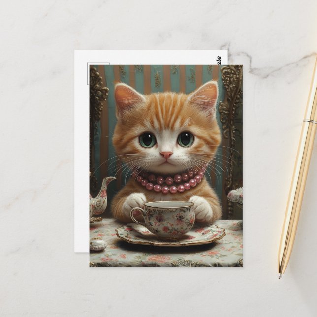 Wunderschöne Katze in rosa Perlen beim Tee Postkarte (Vorderseite/Rückseite Beispiel)