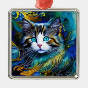 Wunderschöne mystische Katze in Blau- und Goldtöne Ornament Aus Metall