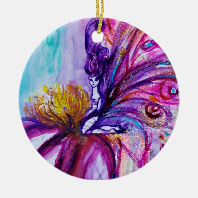 WUNDERSCHÖNE NIEDLICHE BLUME IN PINK, GOLD GLITZER KERAMIKORNAMENT (Vorne)