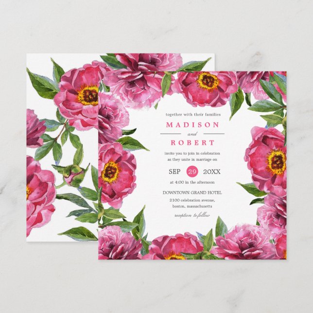 Wunderschöne Pink Magenta Peonies Blume chic Weddi Einladung (Vorne/Hinten)