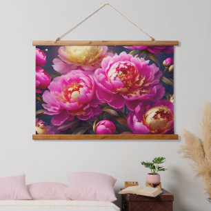Wunderschöne rosa Pfingstrosen mit goldenen Akzent Wandteppich Mit Holzrahmen