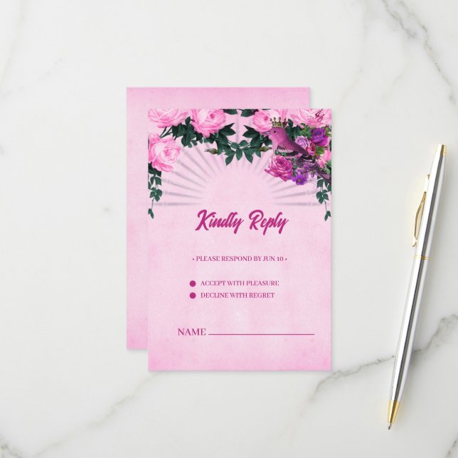 Wunderschöne rosa Rosen RSVP Karte (Vorderseite/Rückseite Beispiel)
