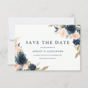 Wunderschöne rosafarbene und navyblaue Floral-Hoch Save The Date