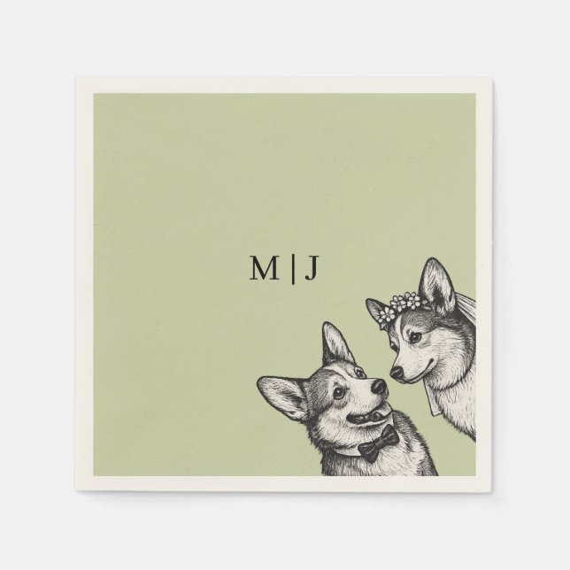 Wunderschöne Salbeigrüne - Whimsical Corgi Hochzei Serviette (Vorderseite)