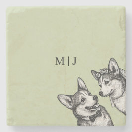 Wunderschöne Salbeigrüne - Whimsical Corgi-Hochzei Steinuntersetzer