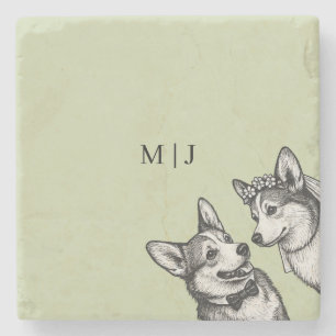 Wunderschöne Salbeigrüne - Whimsical Corgi-Hochzei Steinuntersetzer