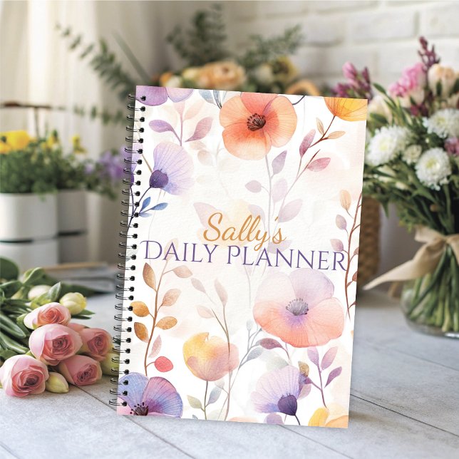 Wunderschöne sanfte Wasserfarbenblüten Planer (Watercolor floral daily planner with soft lavender and peach blooms.)