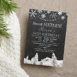 Wunderschöne Schneeflocken 16 . Geburtstag Einladung<br><div class="desc">Schneeflocken im eleganten Winter 16 . Geburtstag / 16. Geburtstagsgeschenk-Einladung auf dunkelgraue Kalkboard mit Rahmen von weißen und blauen Schneeflocken und Kiefernbäumen Winterwunderland. Füllen Sie Ihre Informationen in den Flecken, Sie können wählen, um es anzupassen, weitere sich ändernde Schriftartes und Farben der Schrift. — Die Einladung eignet sich für winterschick...</div>