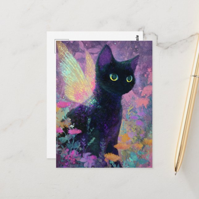 Wunderschöne schwarze Katze mit Feenflügeln Postkarte (Vorderseite/Rückseite Beispiel)