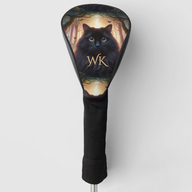 Wunderschöne schwarze Katze mit Goldaugenmonogramm Golf Headcover (Vorderseite)
