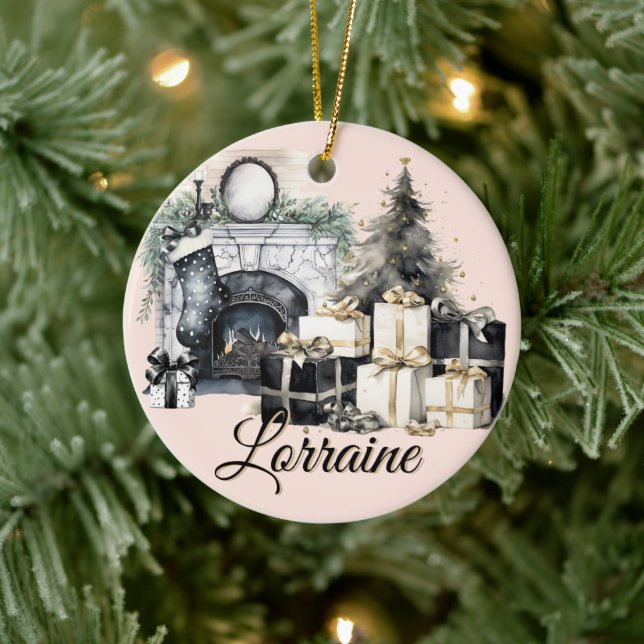 Wunderschöne schwarze, weiße und goldene Weihnacht Keramik Ornament (Baum)