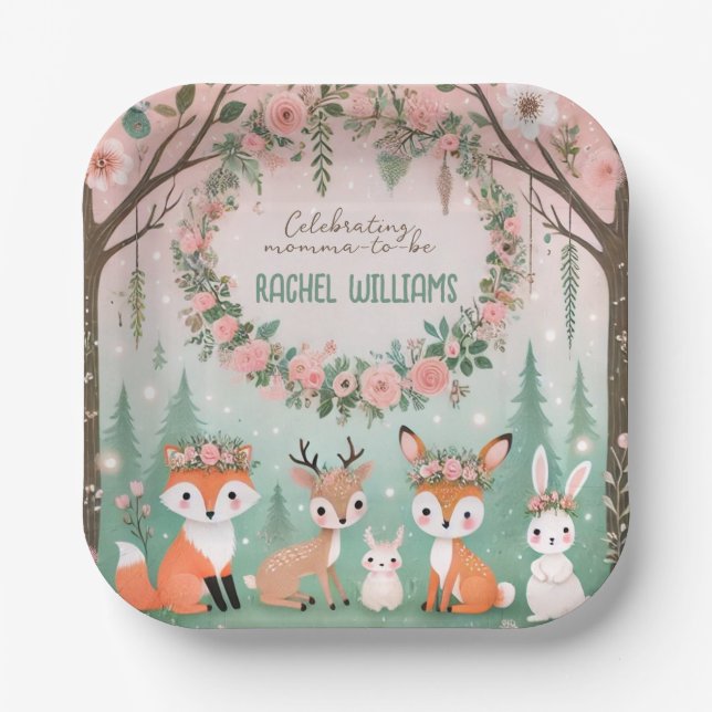Wunderschöne Waldkreaturen mit Babydusche Pappteller (Vorderseite)