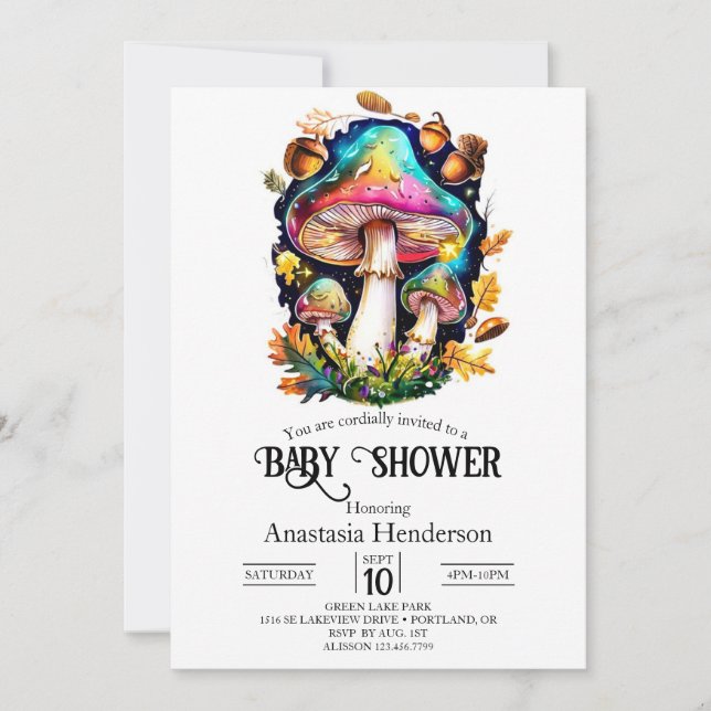 Wunderschöne Waldpuschroom-Babydusche Einladung (Vorderseite)