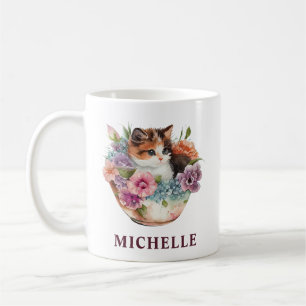 Wunderschöne Wasserfarbe Dreifarbenkatze und Blume Kaffeetasse