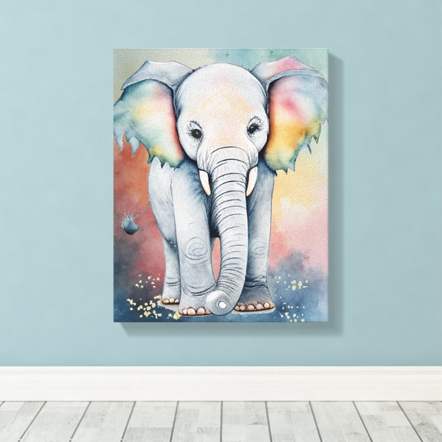 Wunderschöne Wasserfarben-Baby-Elefanten-Wandkunst Leinwanddruck (Insitu (Holzboden))