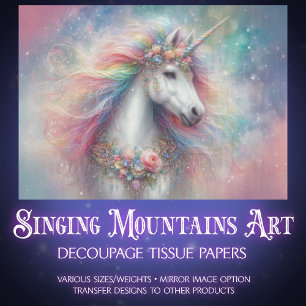 Wunderschöne weiße Einhorn-Regenbogenmähne-Decoupa Seidenpapier