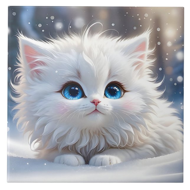 Wunderschöne, weiße Katze mit blauen Augen Fliese (Vorderseite)