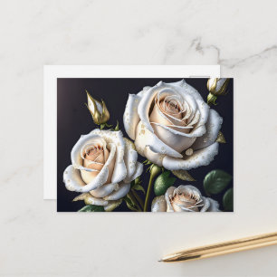 Wunderschöne weiße Rosen mit goldenen Details Feiertagspostkarte