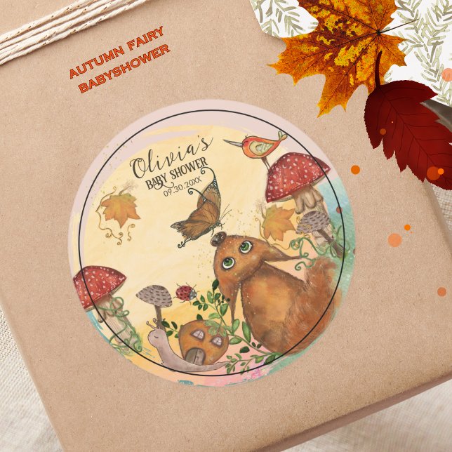 Wunderschöne Woodland-Kinderdusche Runder Aufkleber (Enchanted Autumn Woodland Baby Shower Classic Round Sticker)