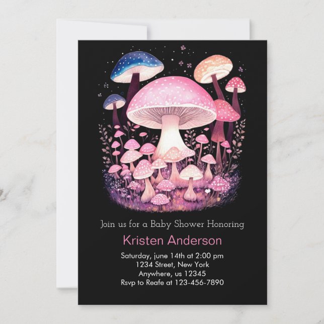 Wunderschöne Woodland Pink Mushroom Girl Babydusch Einladung (Vorderseite)