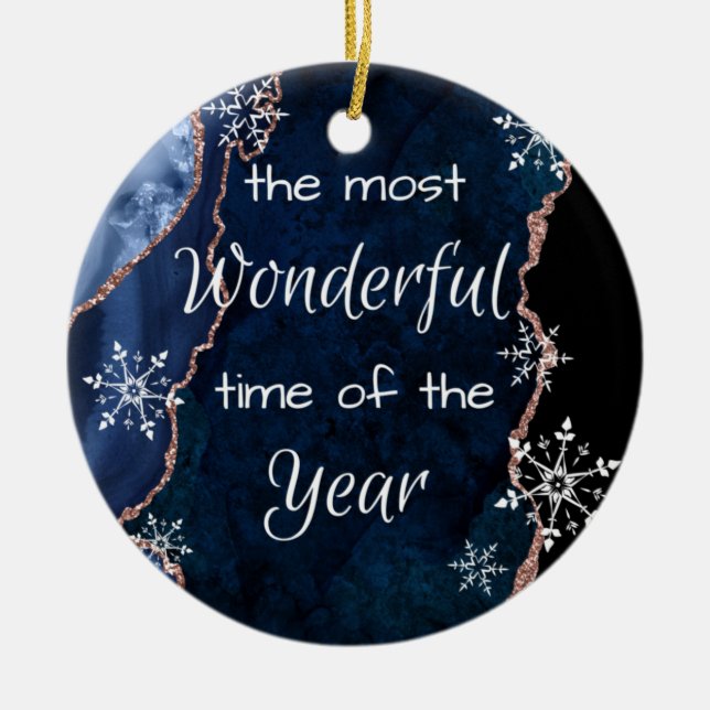 Wunderschöne Zeit Eleganter Blue Gold Glitzer Keramik Ornament (Vorne)