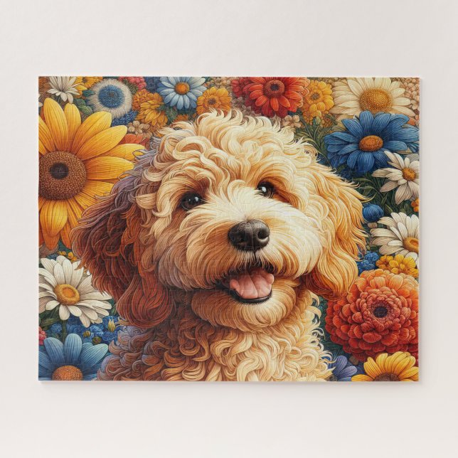 Wunderschöner Goldendoodle-Hund mit Blumen (Horizontal)