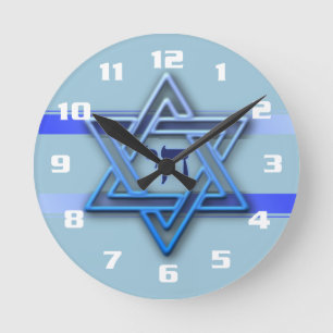 Wunderschöner jüdischer Davidstern Blau und Weiß Runde Wanduhr