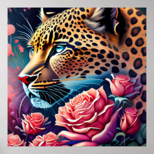 Wunderschöner Mit Augen Leopard mit Rose Malerei Poster