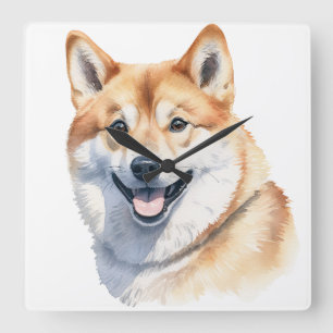 WUNDERSCHÖNER ROTER & WEISER SHIBA INU HUND QUADRATISCHE WANDUHR