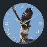 Wunderschöner Rotschwanzvogel Große Wanduhr<br><div class="desc">Diese Uhr zeigt ein phantastisches Foto von Wildtieren eines Rotschwanzhawks,  der auf der Spitze eines Daches steht und dessen Flügel hoch über seinem Kopf hochgehoben sind und sich auf den Start vorbereiten. Ideal für einen Vogel- oder Raptorfreund.</div>