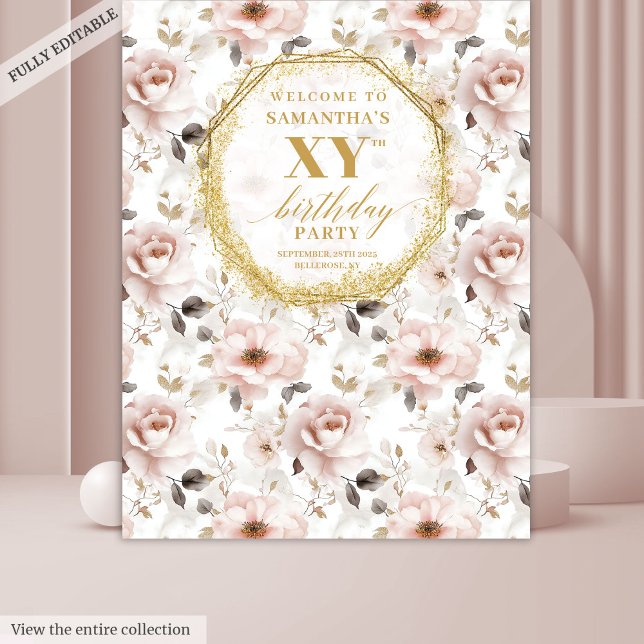 Wunderschöner Stand des Dusty Pink Floral Geburtst Wandteppich (Delightful Dusty Pink Floral Birthday Photo Booth Tapestry)