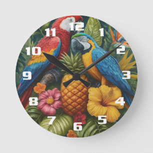 Wunderschöner tropischer Ananas-Papagei und Blumen Runde Wanduhr