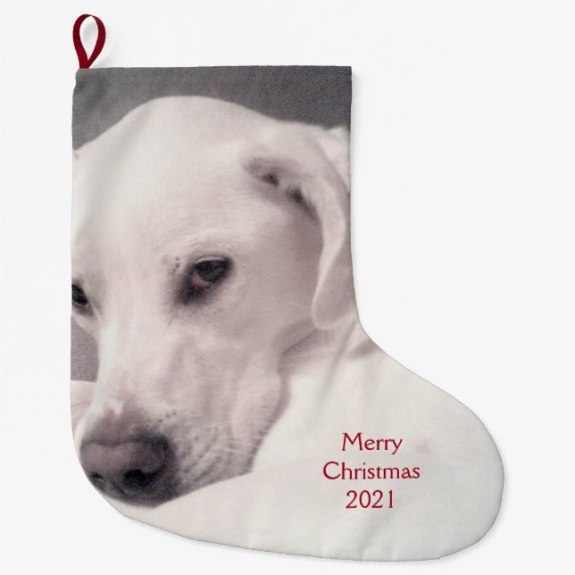 Wunderschöner weißer Labrador Mix Welpenhund Grau Großer Weihnachtsstrumpf (Vorderseite)