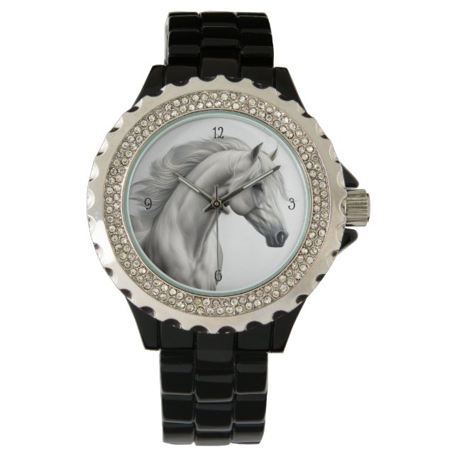 Wunderschöner weißer Pferdekopf Armbanduhr (Vorderseite)